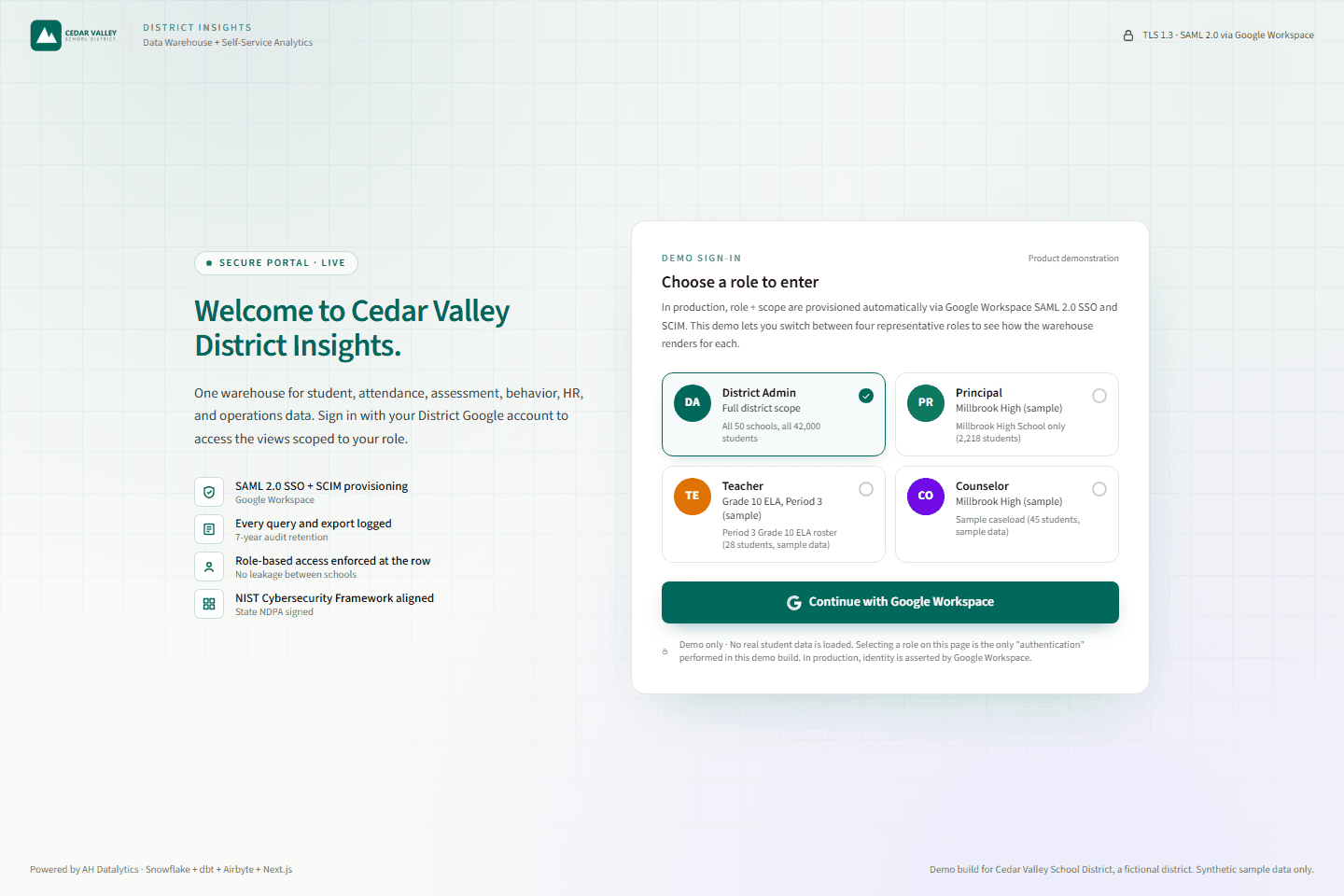School Analytics interface
